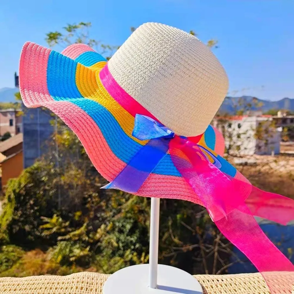 

With Wire Edge Big Brim Rainbow Striped Sunshade Beach Hats Summer Hats Straw Hats
