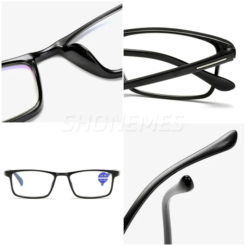 SHONEMES occhiali da lettura Anti luce blu TR90 Frame Square presbiopia occhiali da vista diottrie + 1 1.5 2 3.5 4 per uomo donna