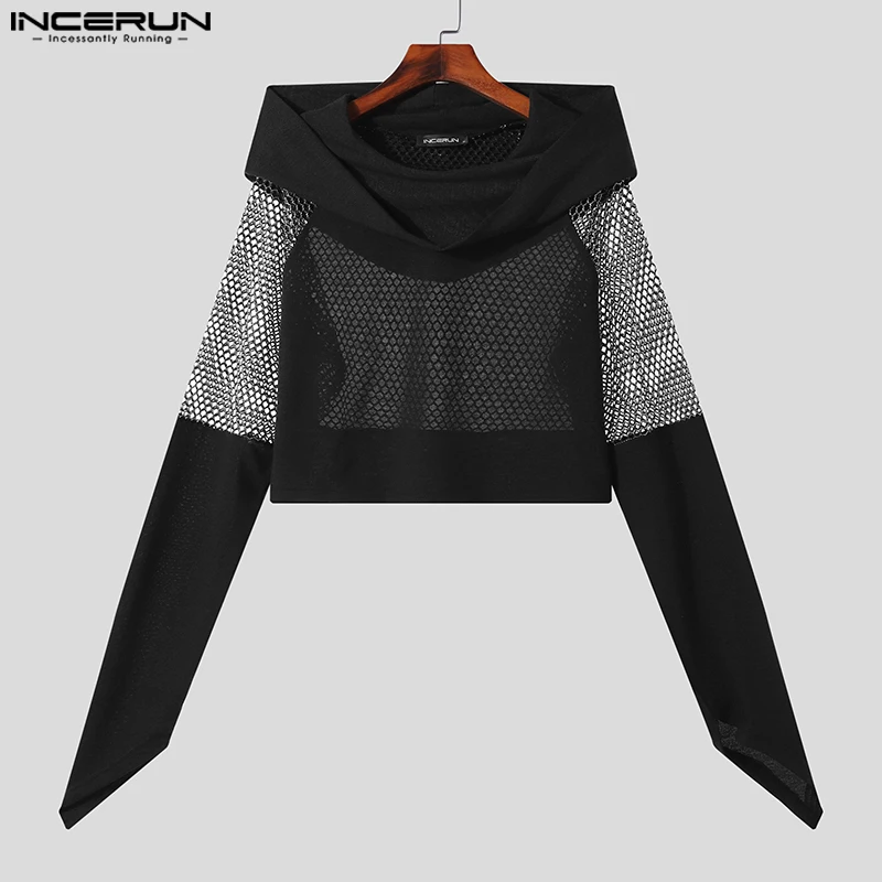 INCERUN Tops 2024 Fashionable New Men\'s Back Sexy Patchwork Hoodie Leisure Streetwear Mesh Hooded Long Sleeved Sweatshirts S-5XL