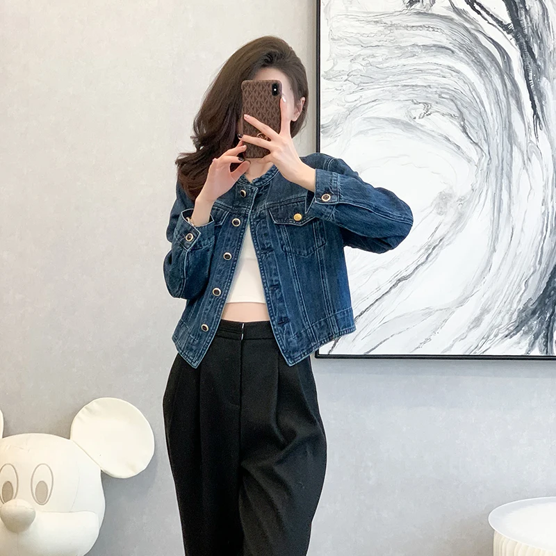 

Retro American ort Denim Jaet Women's Spring Autumn ular round Ne Jaet Long Sve Small Fraance Sle Cotton Po...