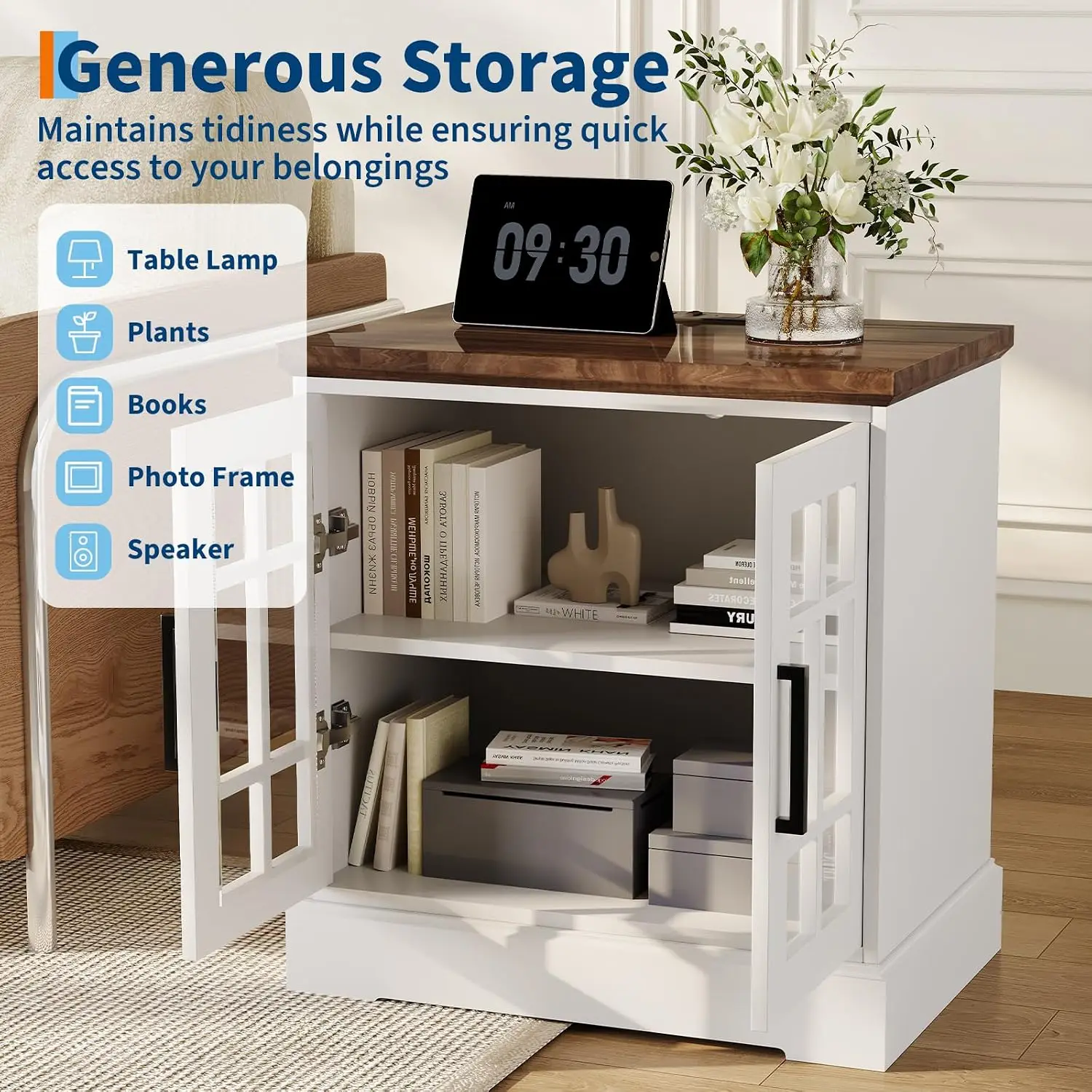 Garvee Farmhouse End Table with Charging Station 24Inch Large Sofa Side Table with Grid  Tempered Glass Doors  Nightstand with Adjustable Storage Shelf for Living Room, Bedroom