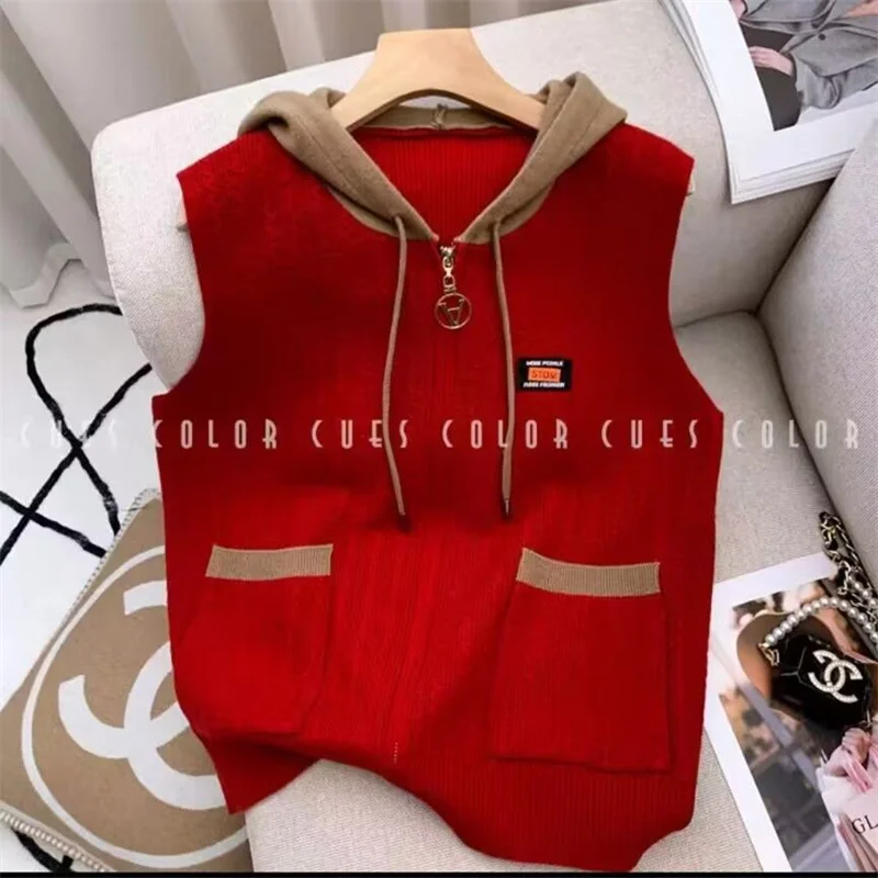 

Spring Autumn New 2025 Knitted Cardigan Vest Jacket Women's Fashion Pocket Sleeveless Color Matching Vests Hooded Waistcoat Top
