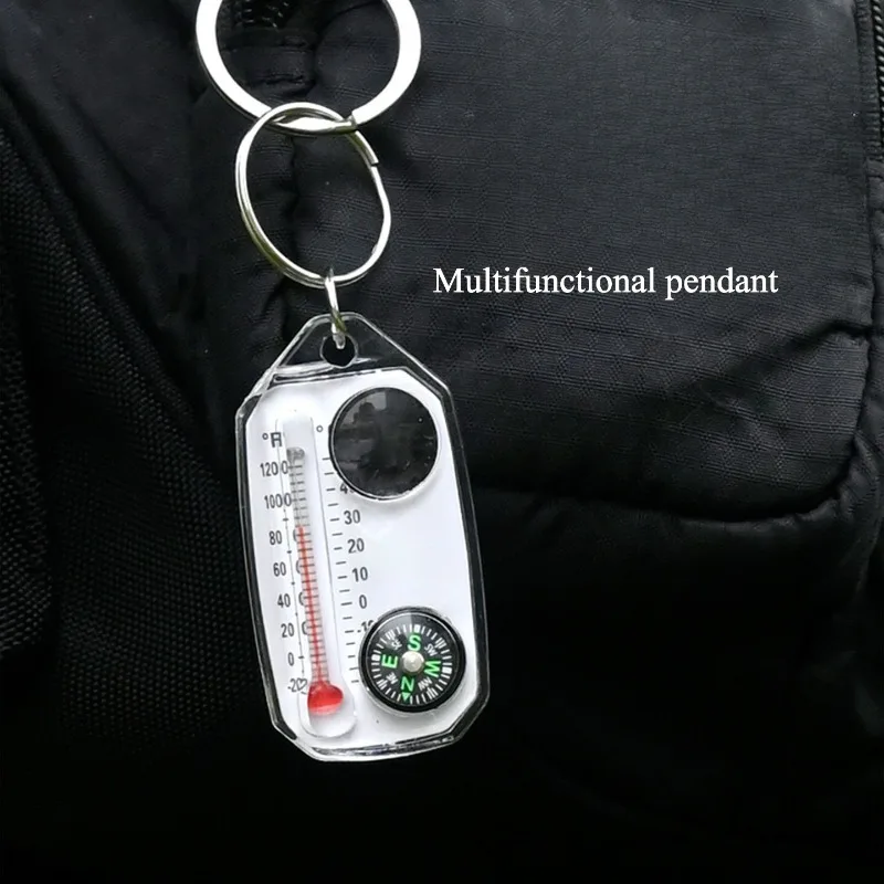 Outdoor Survival Compass Keychain, Portable Mini Compass with Thermometer and Magnifying Glass view 3