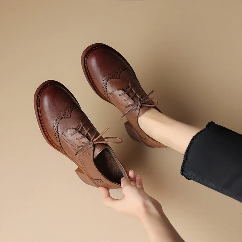 NEW Winter Women Shoes Genuine Leather Shoes for Women Round Toe Chunky Heel Women Pumps Lace-up Warm Plush Shoes Oxfords Shoes