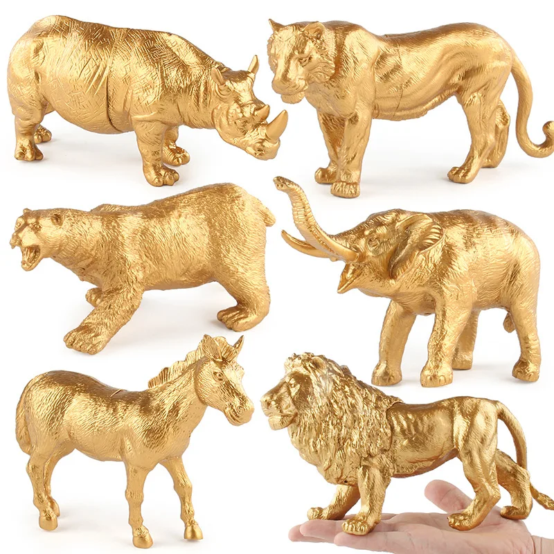 Gold Animal Series Ornament Toys Simulation Lion Elephant Tiger Rhino Children's Toys Static Desktop Decorative Model Ornaments