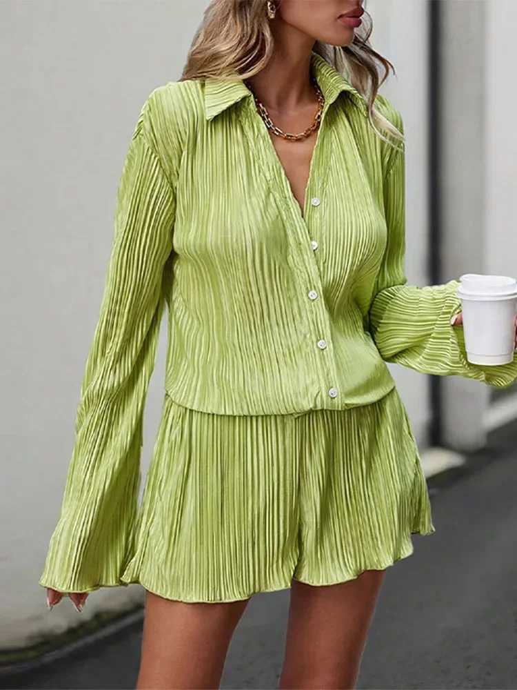 

Fashion Lapel Long Sleeve Shirt High Waist Shorts Set Summer Y2K Street Outfit Casual Loose Solid Pleated Shorts Suit for Women