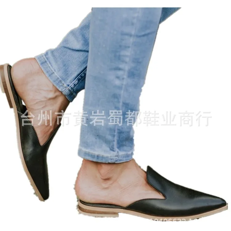 Leather Women Low Heel Slippers Fashion Mule Shoes Pointed Toe Slides Patchwork Sandal Ladies Zapatos Mujer 2020 ert5