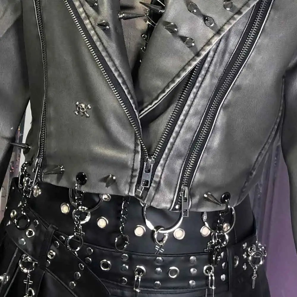 

Hip Hop 90s E-Girls Chain Emo DIY Grunge Eco Punk Rock Harajuku Hand Made Studded Rivet Gothic Kawaii Y2K PU Leather Jacket