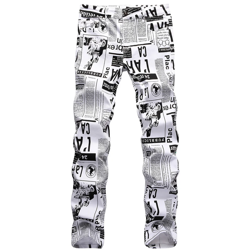 Men Newspaper Print Jeans Fashion Letters White Denim Pants Casual Slim Tapered Costume Trousers
