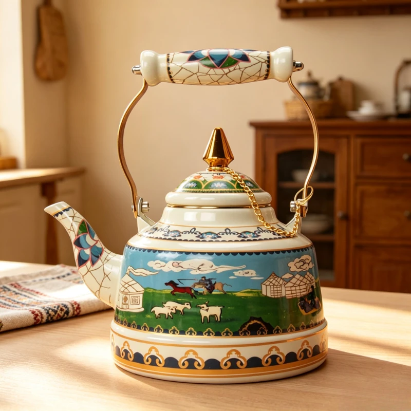 Vintage Enamel Kettle Retro Enamel Teapot for Boiling Water Herbal Tea Medicine Stove & Induction Cooker Compatible