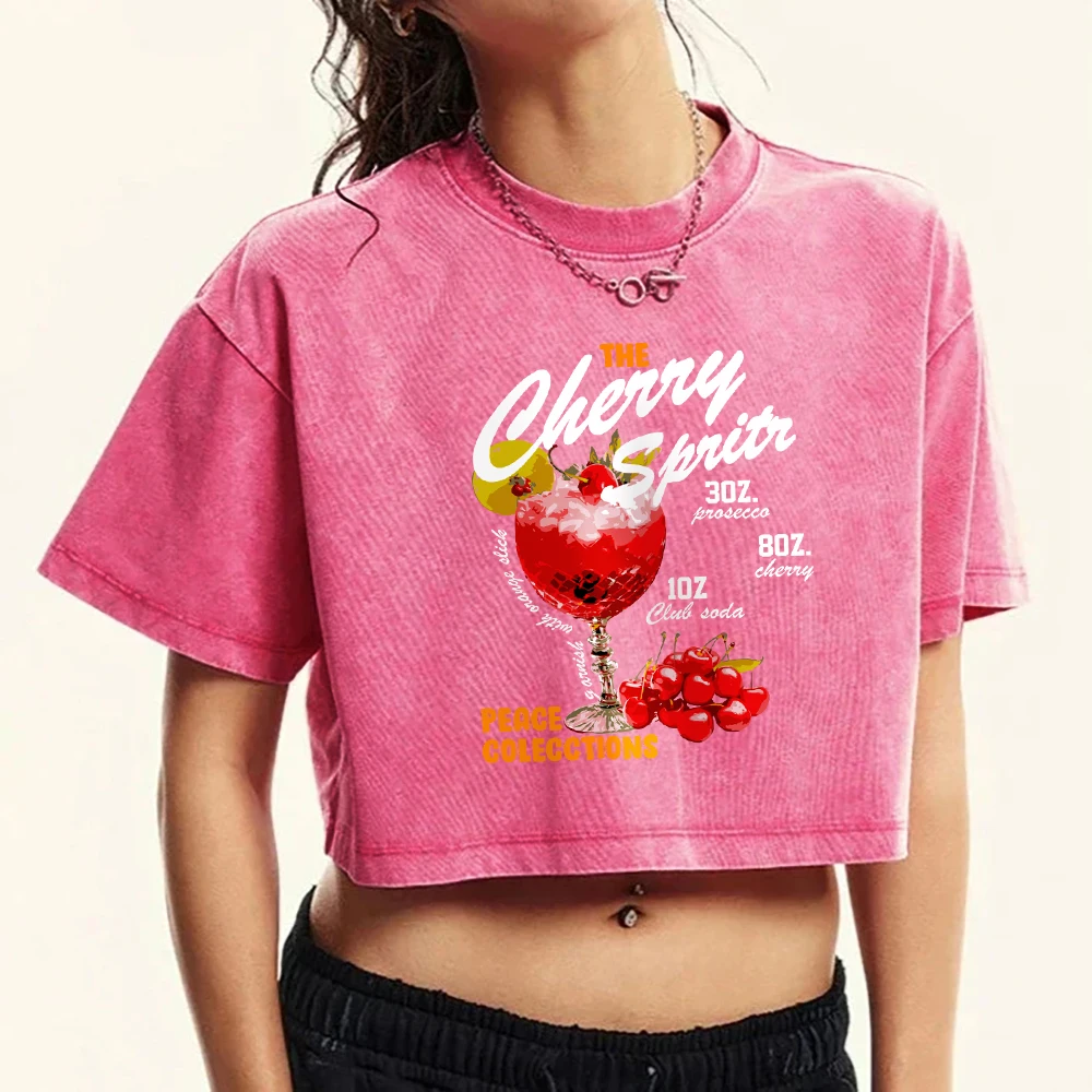 Camisetas lavadas con estampado de Cherry Sprits para mujer, camiseta de verano de Hip Hop, ropa informal con cuello redondo, ropa corta de algodón para mujer de manga corta