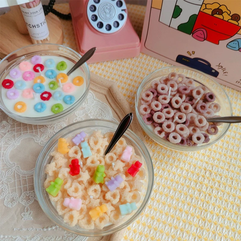 5 Types Cereal with Bowl Cheerios Scented Candle Simulated Food Ornament Soy Wax Handmade Creative Gift Home Party Decoration