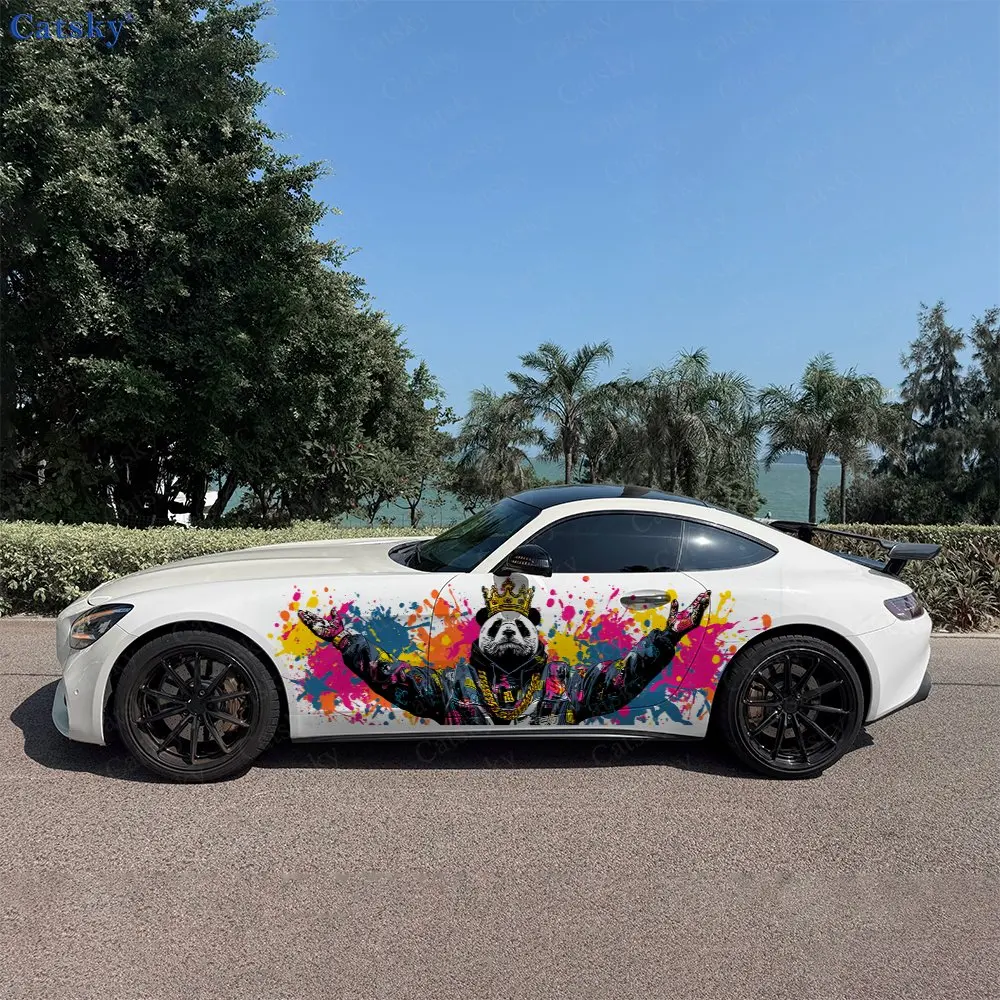 2pcs Street Style Panda Sticker, Durable, Fade-resistant, Enhance The Beauty Of Your Vehicle Bold Art Design Car Vinyl Wrap