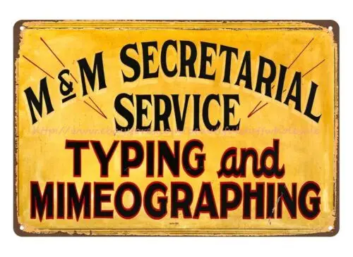 nostalgic metal sign M & M Secretarial Service, circa 1940 metal tin sign