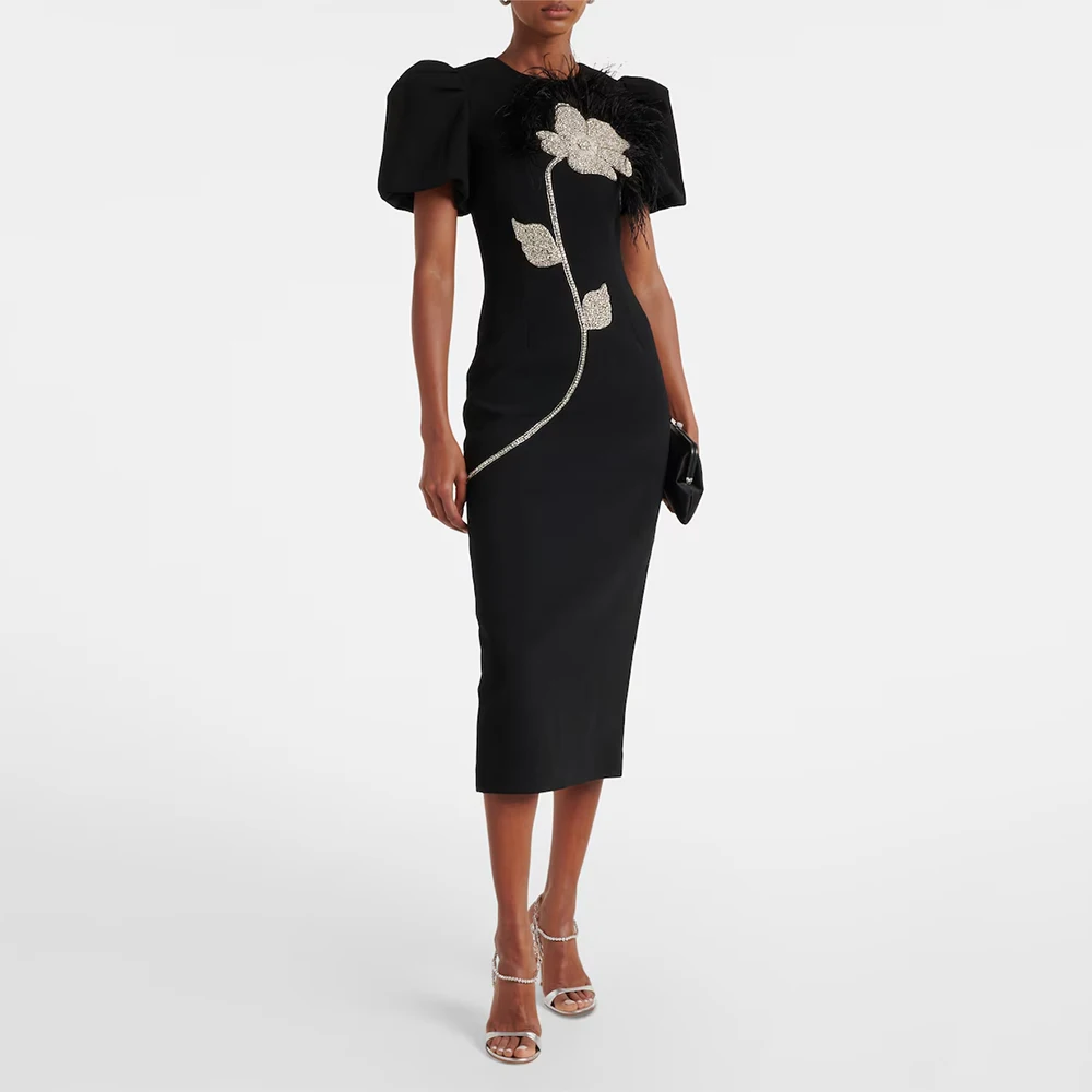 

Черное женское вечернее платье длиной до пола, вечернее платье с короткими рукавами, платье в Саудовской Аравии, платье с бисером и перьями для выпускного вечера