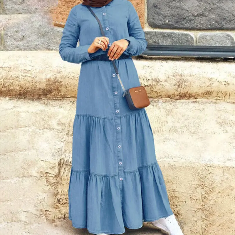 European, American, and British denim dresses, Amazon\'s new stand up collar denim button long dress, loose design