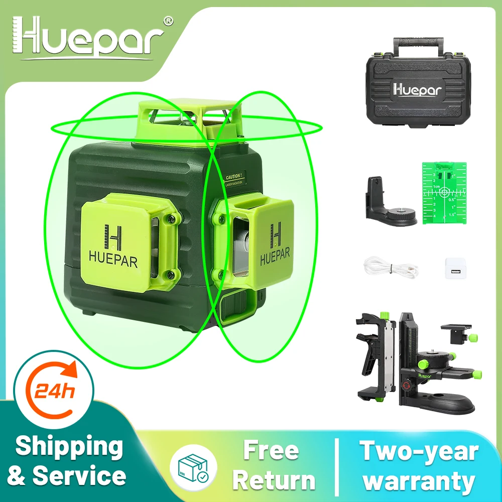 Huepar 3D Cross Line Self-leveling Laser Level 12 lines Green Beam Li-ion Battery with Type-C Charging Port & Hard Carry Case