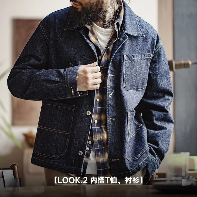 Maden Vintage Asymmetrical Four-pocket Design Denim Coat for Men 14OZ Single-breasted Turn-down Collar Jacket Autumn Work Coat