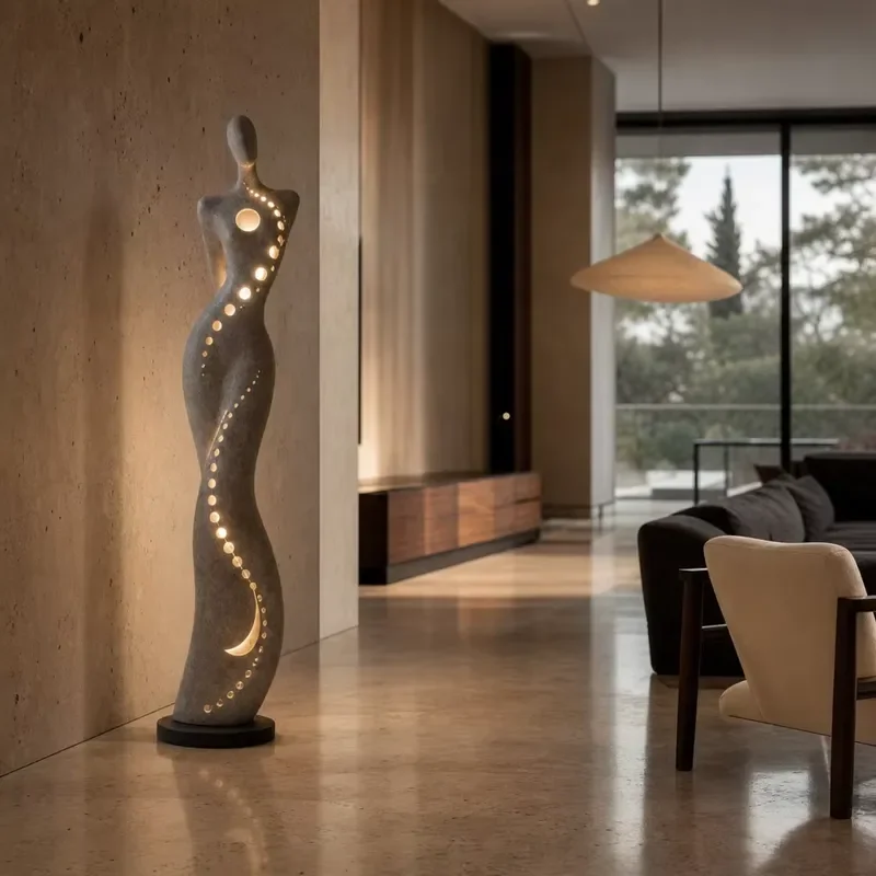 Modern Abstract Female Figure Sculpture Glass Fiber Resin Statue with LED Light for Home Living Room Art Gallery Interior