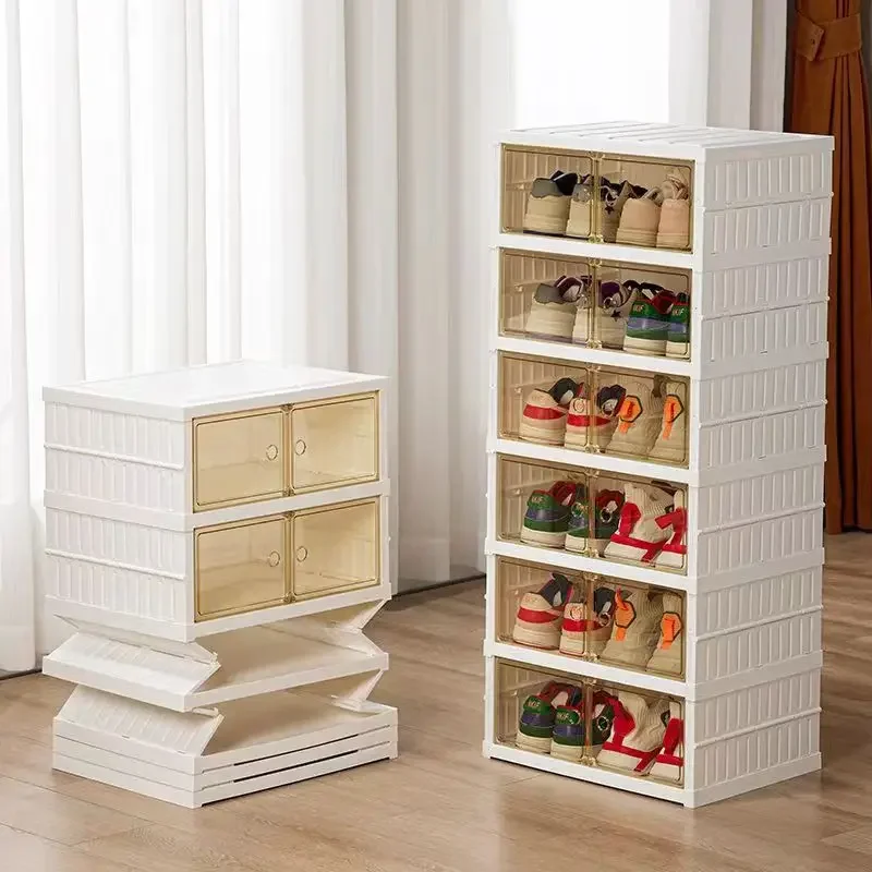 Stackable Easy Assembly Shoe Cabinet with Lids Large Foldable Organizer Plastic Shoe Shelf Storage Box Clear Shoe Boxes