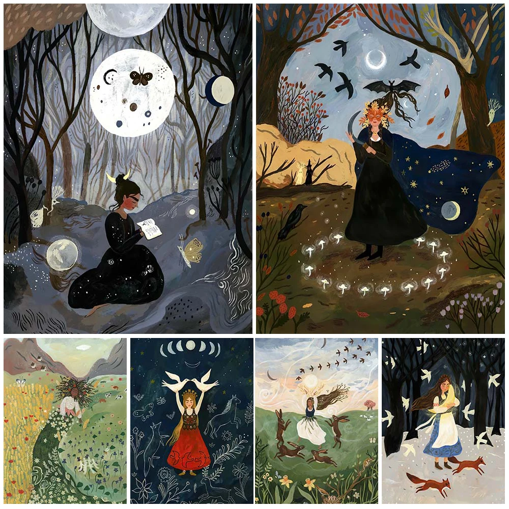 

Mysterious Jungle Witch And Goddess Art Poster And Print The Forest Life Of The Fox Princess Wall Art Canvas Painting Decoration