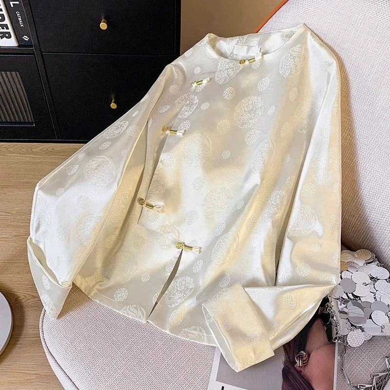 

Y2K новая женская рубашка в китайском стиле, весенняя винтажная атласная жаккардовая блузка с длинными рукавами, рубашка, элегантный модный кардиган, роскошный топ