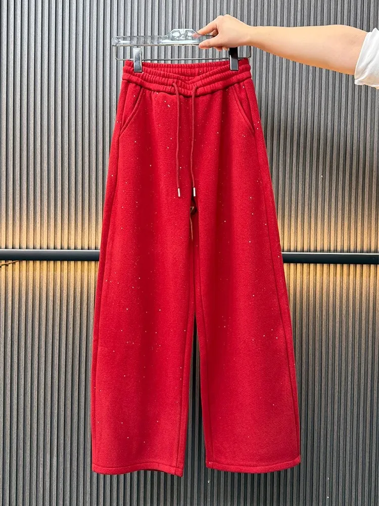 المرأة الأحمر بنطال ذو قصة أرجل واسعة شتاء جديد غرامة فلاش المخملية سميكة الدافئة عالية الخصر بنطلون الكورية فضفاض حجم كبير الطابق بنطلون