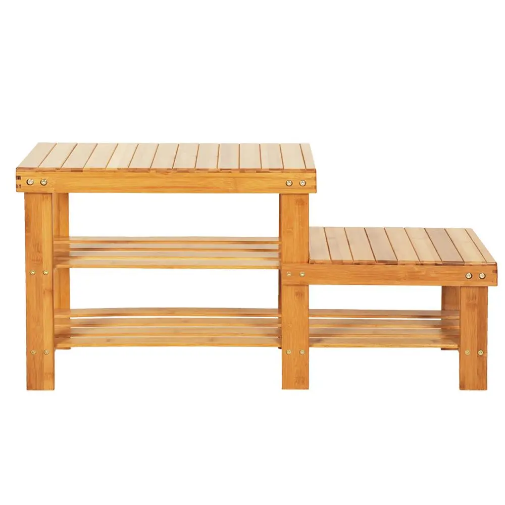 90cm Bamboo Stool Shoe Rack for kids – Stylish Strip Pattern, Wooden Finish, Space-Saving Design