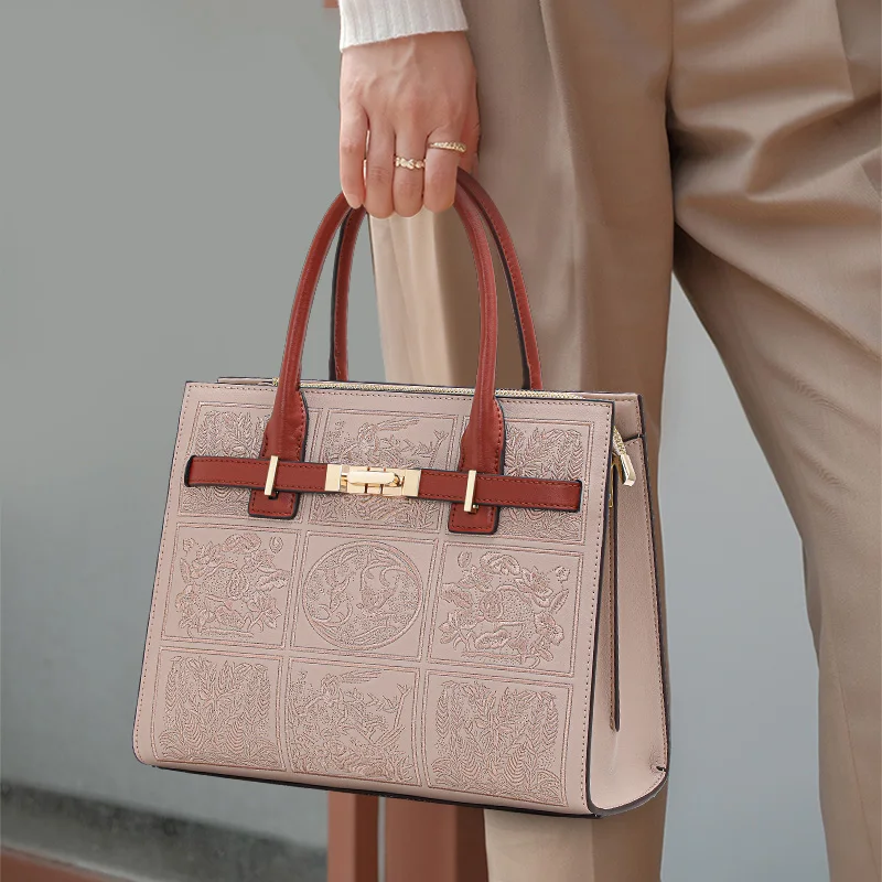 

Aidrani Embossed - Pattern Satchel: Contrast Handle, Artistic Brand Appeal