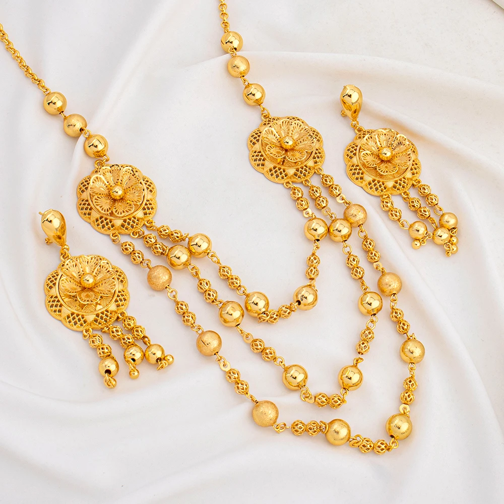 Perlen-Mehrketten-Halskette Quasten-Ohrringe Dubai Nigeria Vergoldetes Schmuckset Braut Hochzeits-Accessoires für Damen Geschenke – Detail 1