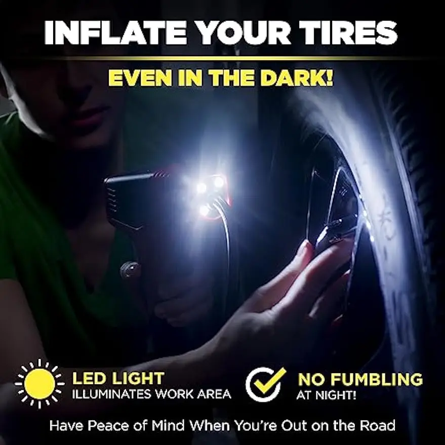 Portable Air Compressor for Car Tires, 150PSI Rechargeable with Auto Shut Off, LED Screen & Lights