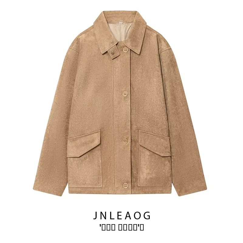 

JNLEAOG Autumn New Faion Velvet Leather Jaet Women's Versatile Sli Outerwear Long Sve Polyester Flip Collar Coat