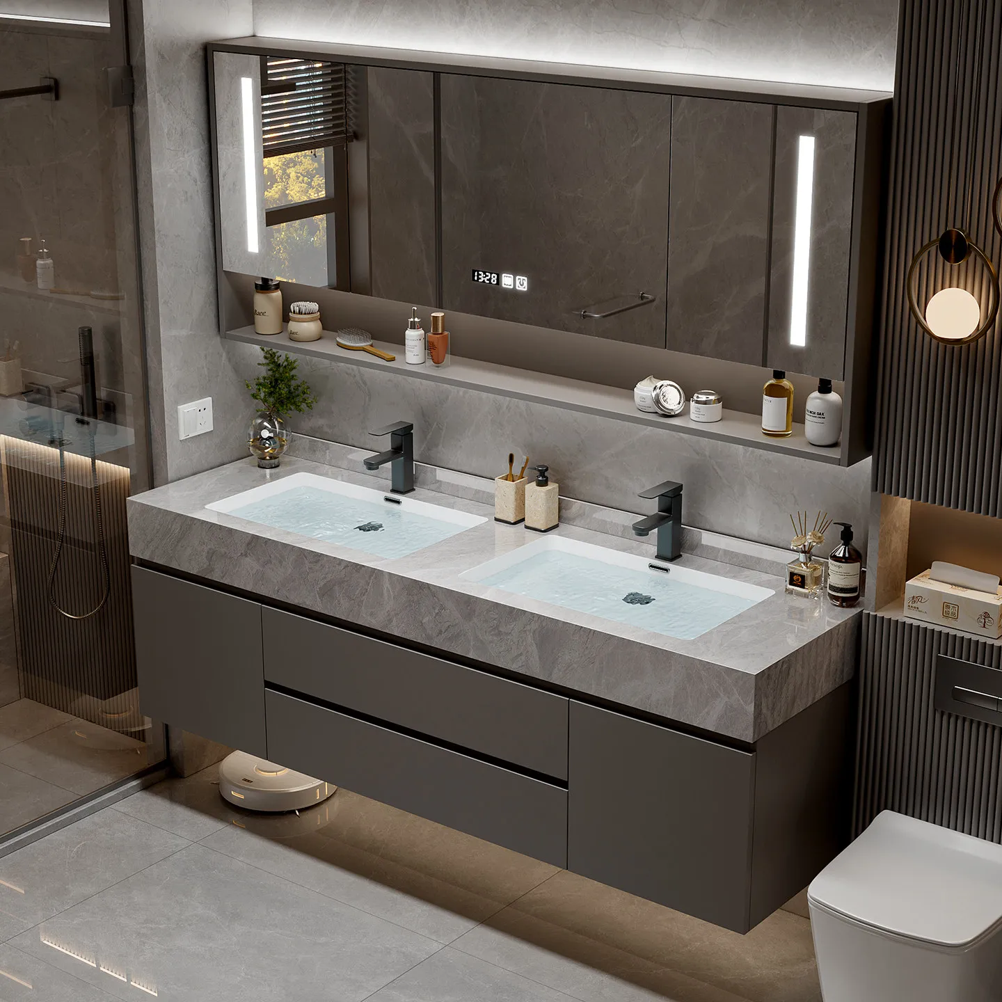2026 new large size double basin bathroom cabinet rock slab ceramic seamless integrated basin toilet washbasin