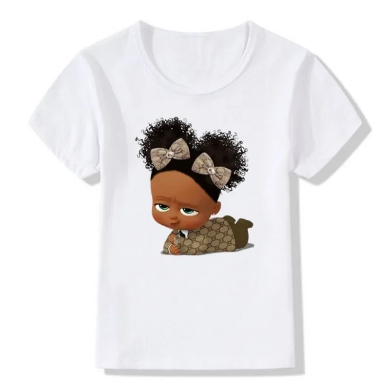 T-shirt a maniche corte girocollo nera per bambini Design in pelle nera stampa cartone animato abbigliamento per bambini vestiti per ragazzi e ragazze