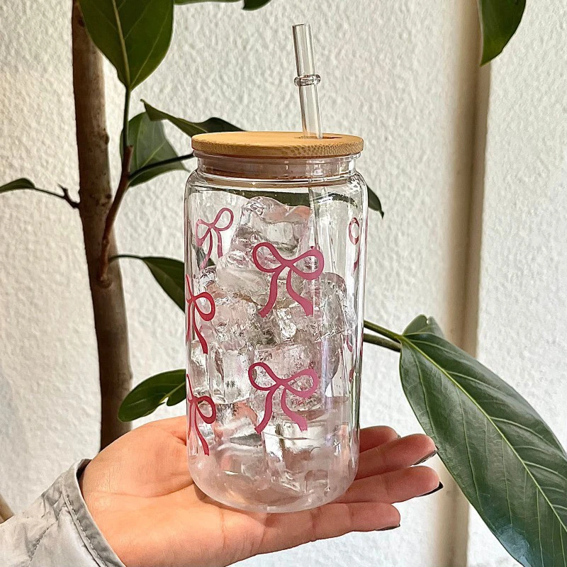 Taza de agua de plástico con lazo bonito de 500ml, botella de agua en forma de tarro de Mason con tapa y pajita para café helado, taza de bebida, jugo, regalo para Amiga