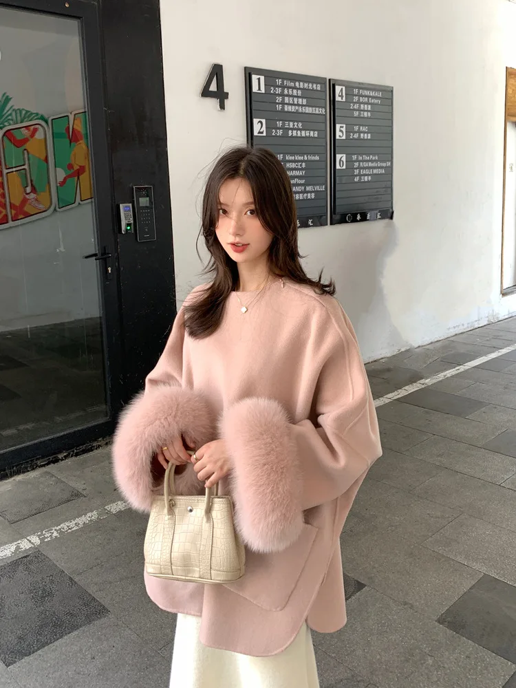 2023 Woolen fur,New  Women real fur Koean design Pink Beige Double-Sided real woolen Cashmere Fox Fur Coat With genuine Fox Fur