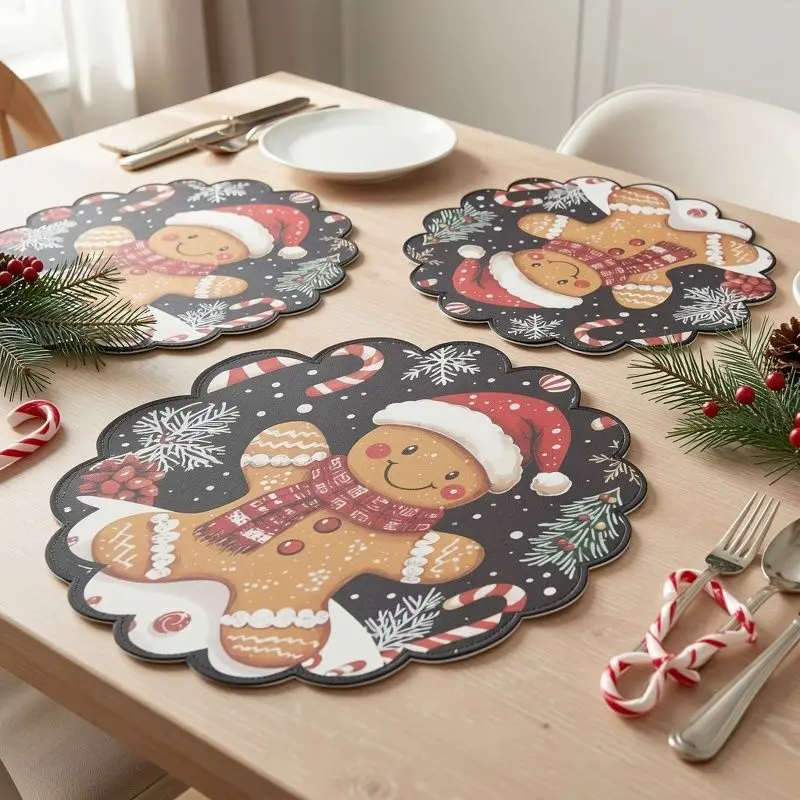 VIKAMA Dark Gingerbread Candy Cane Placemat Charcoal Canvas Petal Edge Cookie Santa Hat Scarf Crystal Xmas Table Mat Cozy Room
