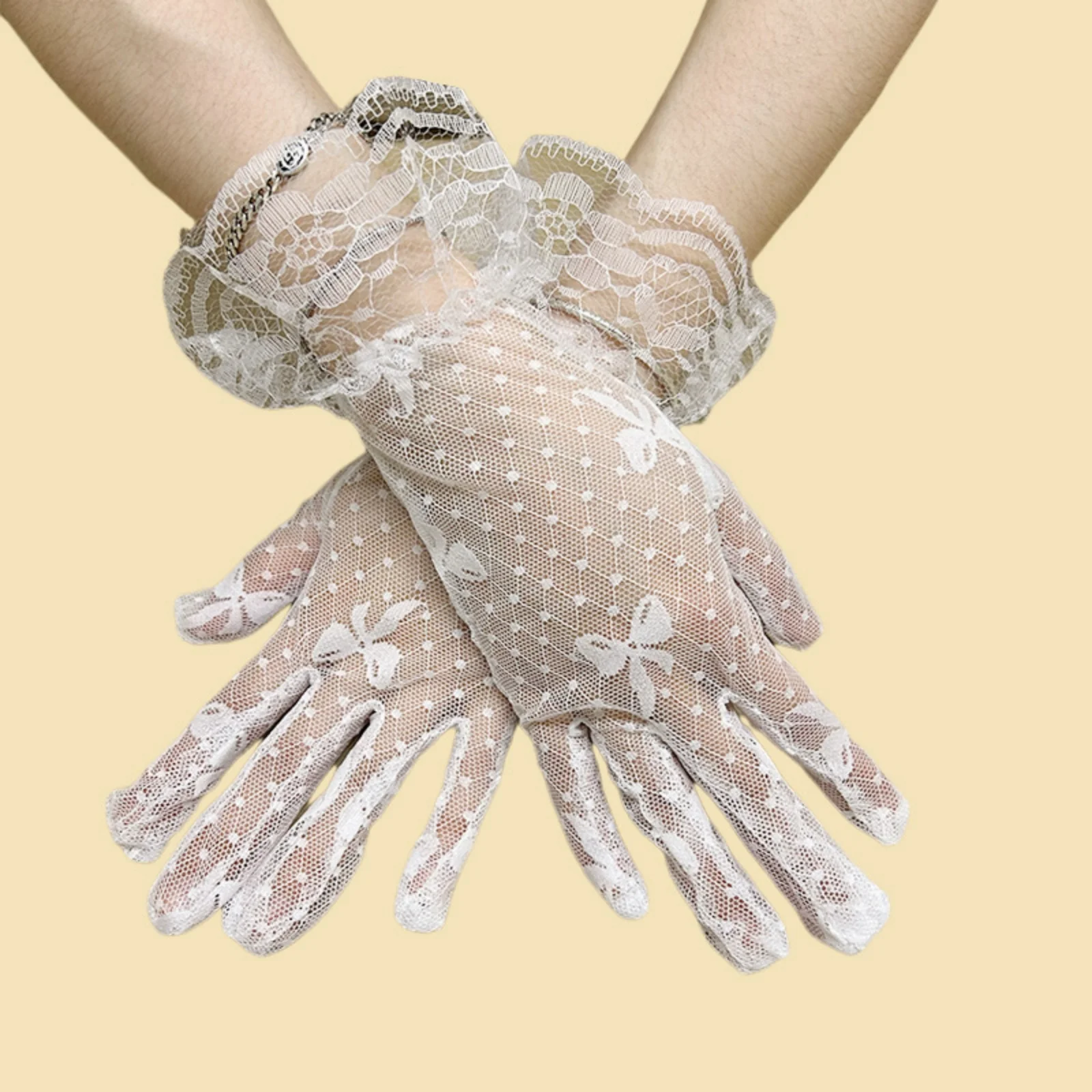 2PCS Black & White Lace Gloves Set, Sheer Polka Dot Floral Pattern Gloves, Elegant Retro-Style Formal Party Gloves For Women