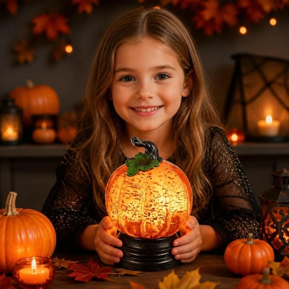 Resin Glitter Pumpkin Table Lamp Creative Retro Halloween Night Light Glitter Sequins Battery-Operated Halloween Ornaments