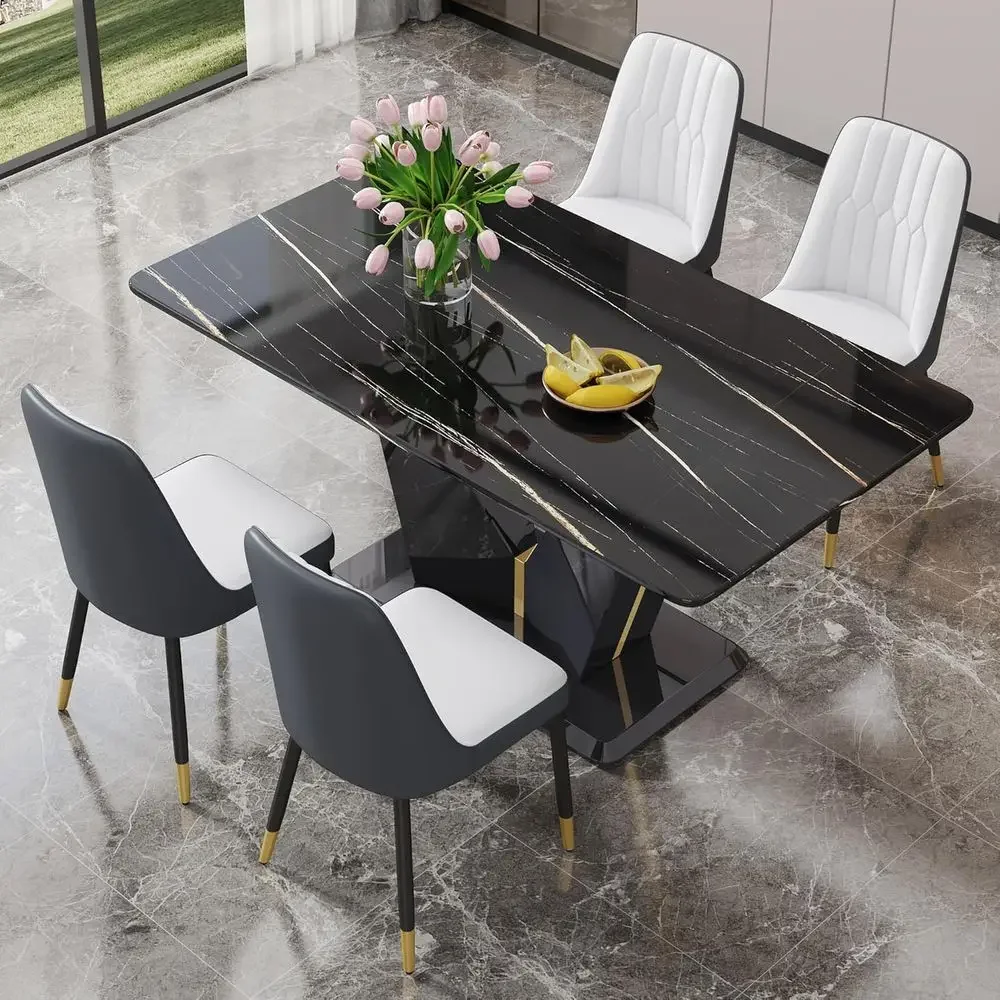 

Black Marble Dining Table Set for 4 with 63 Rectangular Table and 4 Upholstered Chairs