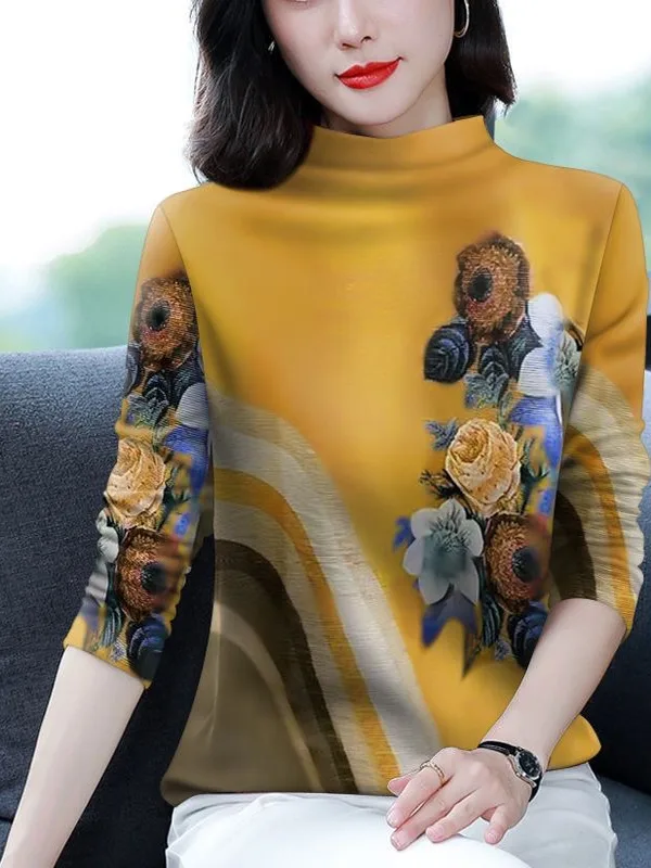 

Fashionable Long Sleeve Printed Thermal Top Women's Polyester Fiber High Neck T-Shirt Casual Style Mid-aged Women's Fashion