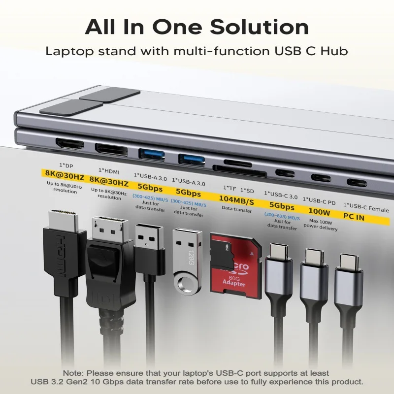Aluminum Alloy HUB HDMI 8K30Hz9 In One Docking Station Laptop Folding Bracket