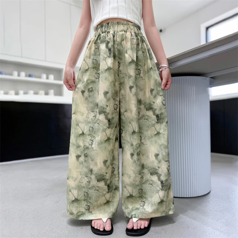 Girls Pants Summer 2026 Chinese Style Lotus Leaf Print Elastic Waist Wide Leg Pants Children Clothes 110-168cm 17.5-47.5kg