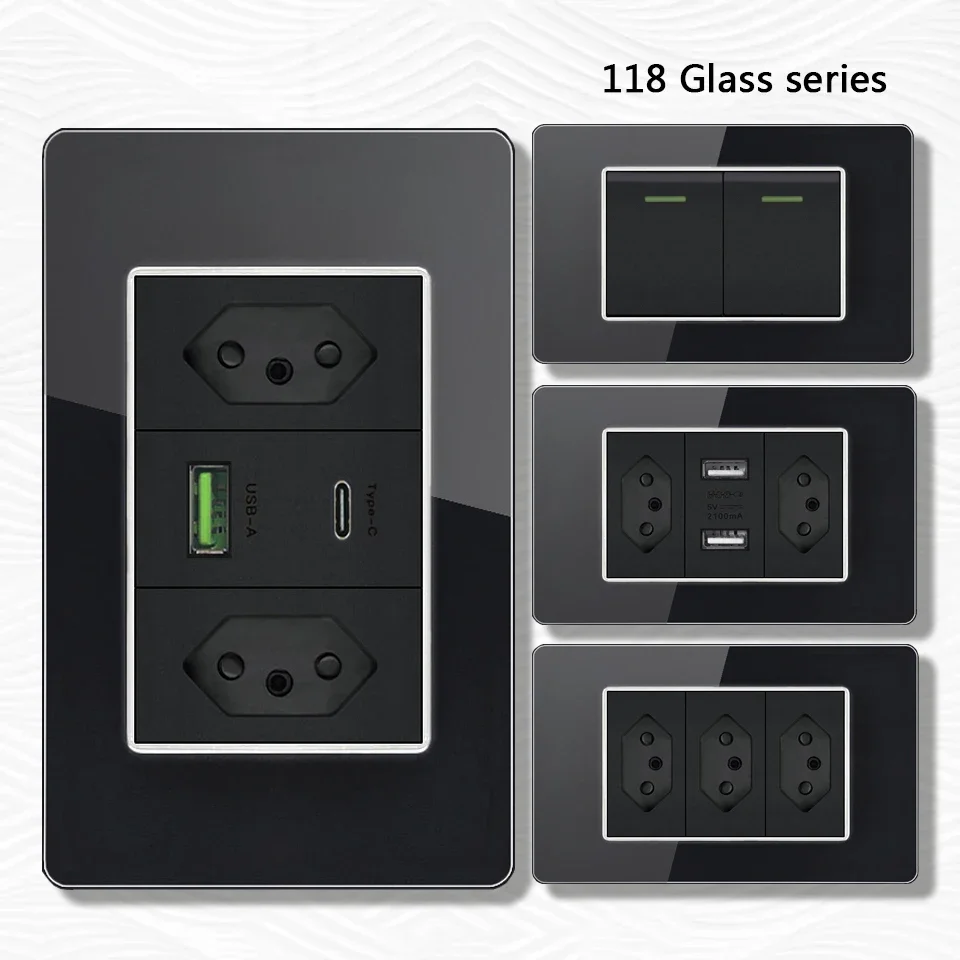 

black Brazil Standard 20A Socket Plug with Usb Type C 20w ,118*75mm glass panel 20A for Quick Charging Wall USB C Power Outlet