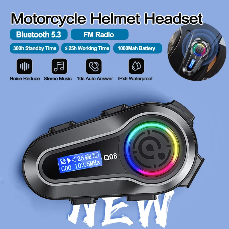 

Q08 Bluetooth-гарнитура для мотоциклетного шлема 1000 мАч с ЖК-экраном FM-радио громкой связи с шумоподавлением водонепроницаемые беспроводные наушники