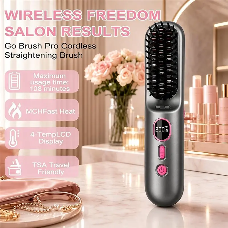 ABLD Portable Cordless Hair Brush,LED Digital Display 4 Gears 9000Mah Battery Capacity For Travel Hair Straightener