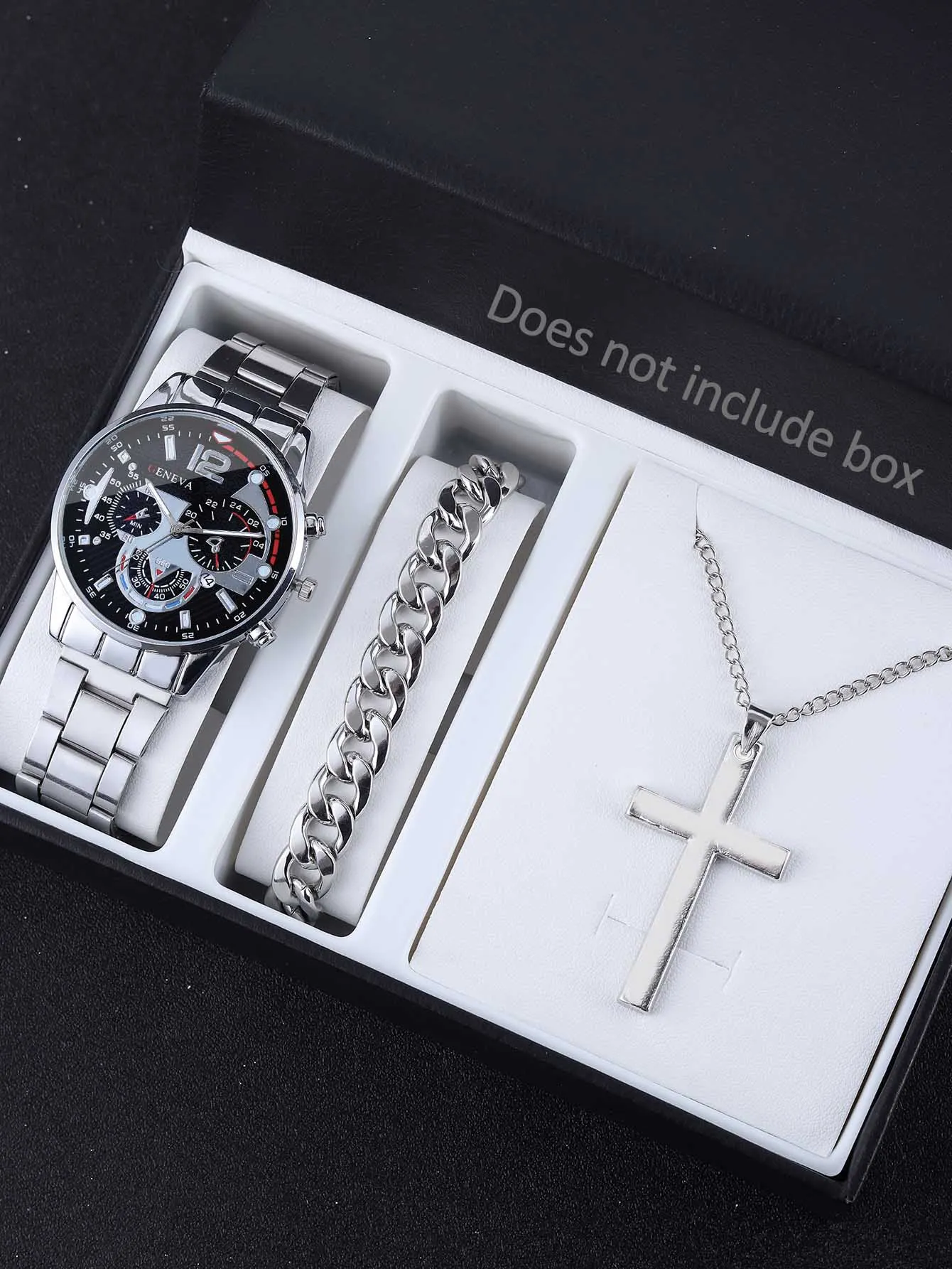 3pcs Business Style Silver White Mechanical design Men\'s alloy quartz watch with calendar and alloy necklace bracelet set