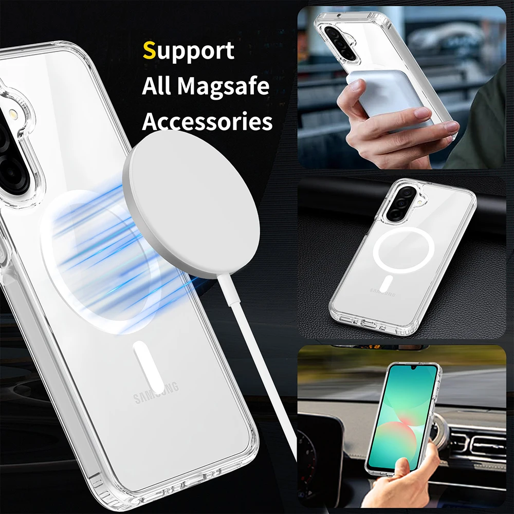 Custodia magnetica Magsafe per Samsung A17 A56 A36 A26 A16 A06 A55 A35 A15 A54 4g 5g Cover rigida ibrida Trasparente antiurto Soft Shell