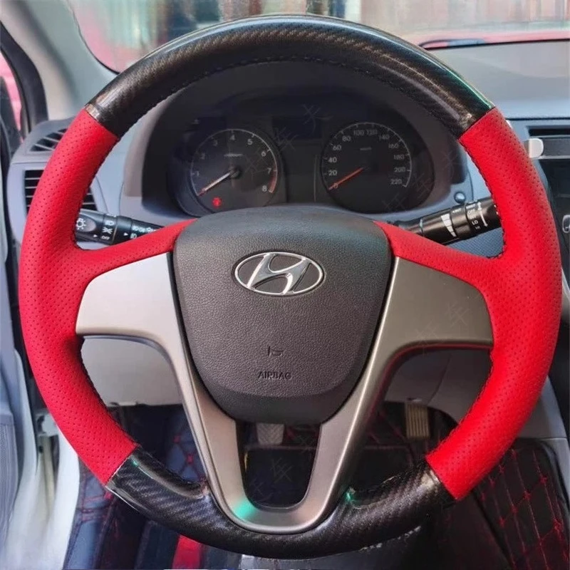 لشركة هيونداي فيرنا 2010-2016 سولاريس (RU) 2010-2016 i20 2009-2015 مخيط يدويا ألياف الكربون الجلود غطاء عجلة توجيه سيارة