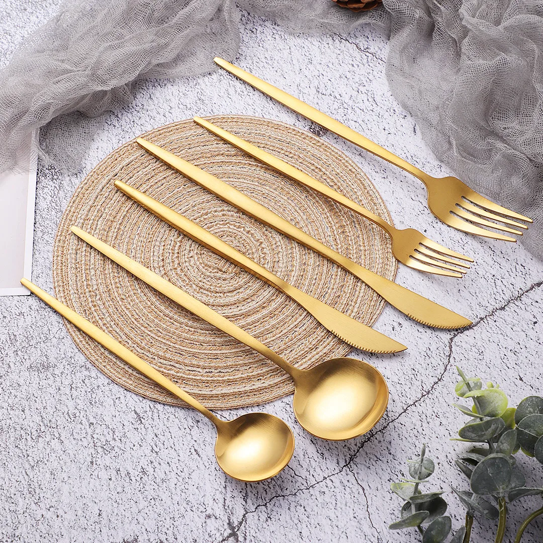 

6pcs Gold Cutlery Set Stainless Steel Matte Dinnerware Golden Knives Forks Spoons Kitchen Dinner Complete Tableware Set